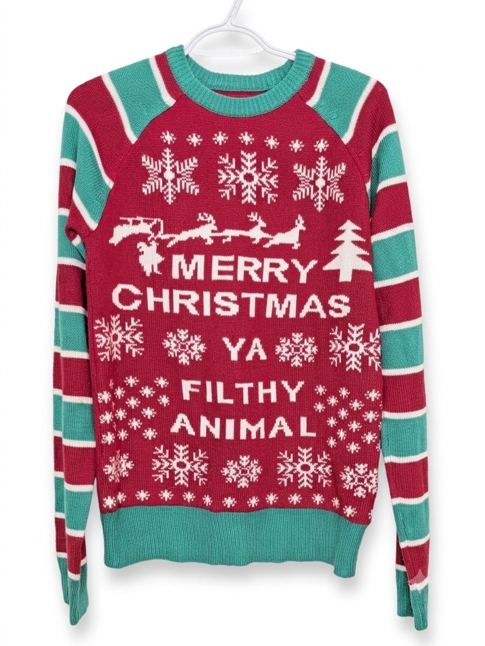 Holiday 'Merry Christmas Ya Filthy Animal' Sweater - Red & Green (Men's Small)